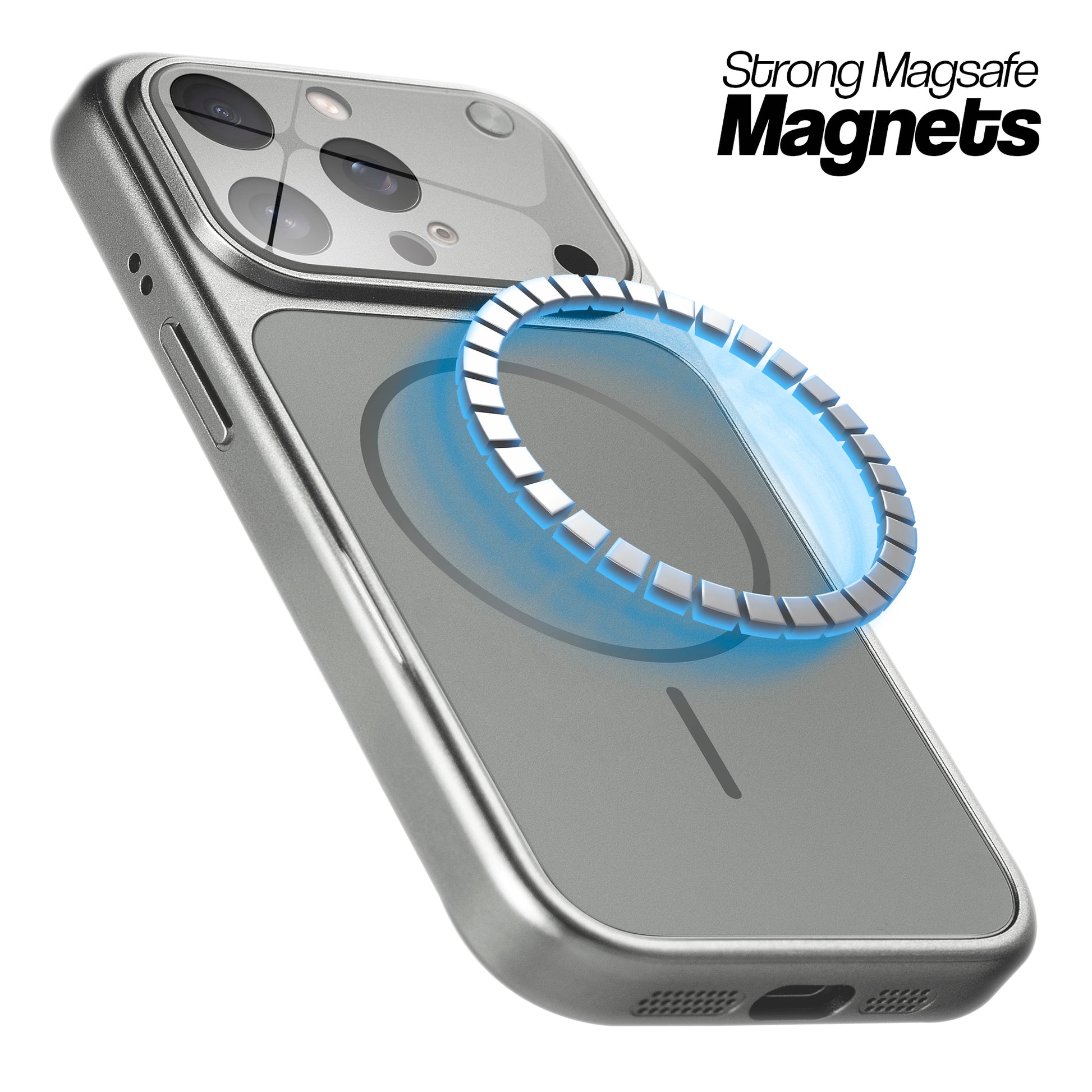 Silver Grey MagSafe compatible back cover for iPhone 15 Pro Max showing strong magnetic ring for secure MagSafe attachment.