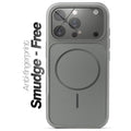 Anti-fingerprint smudge-free silver grey MagSafe back cover for iPhone 15 Pro Max with matte finish.