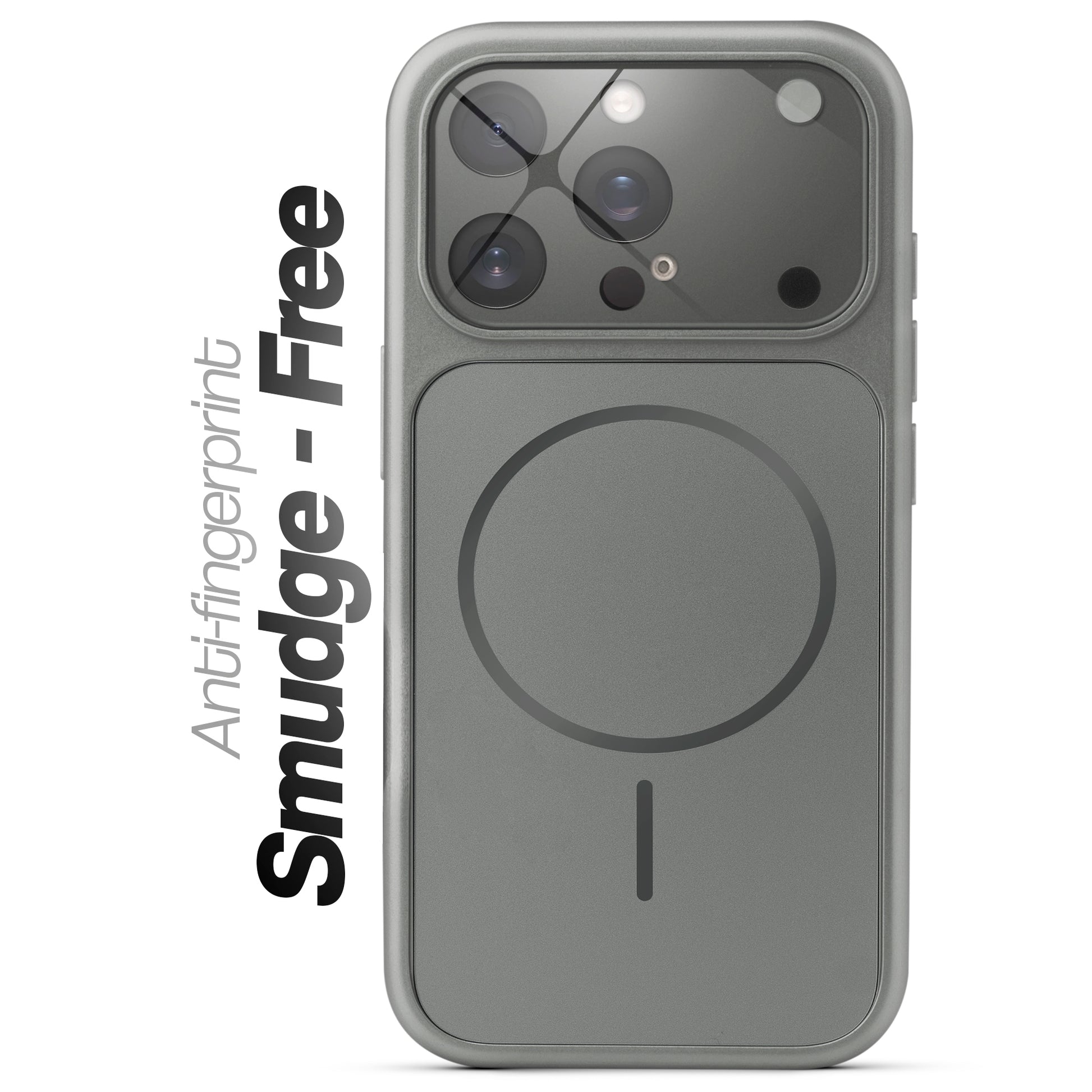 Anti-fingerprint smudge-free silver grey MagSafe back cover for iPhone 15 Pro Max with matte finish.
