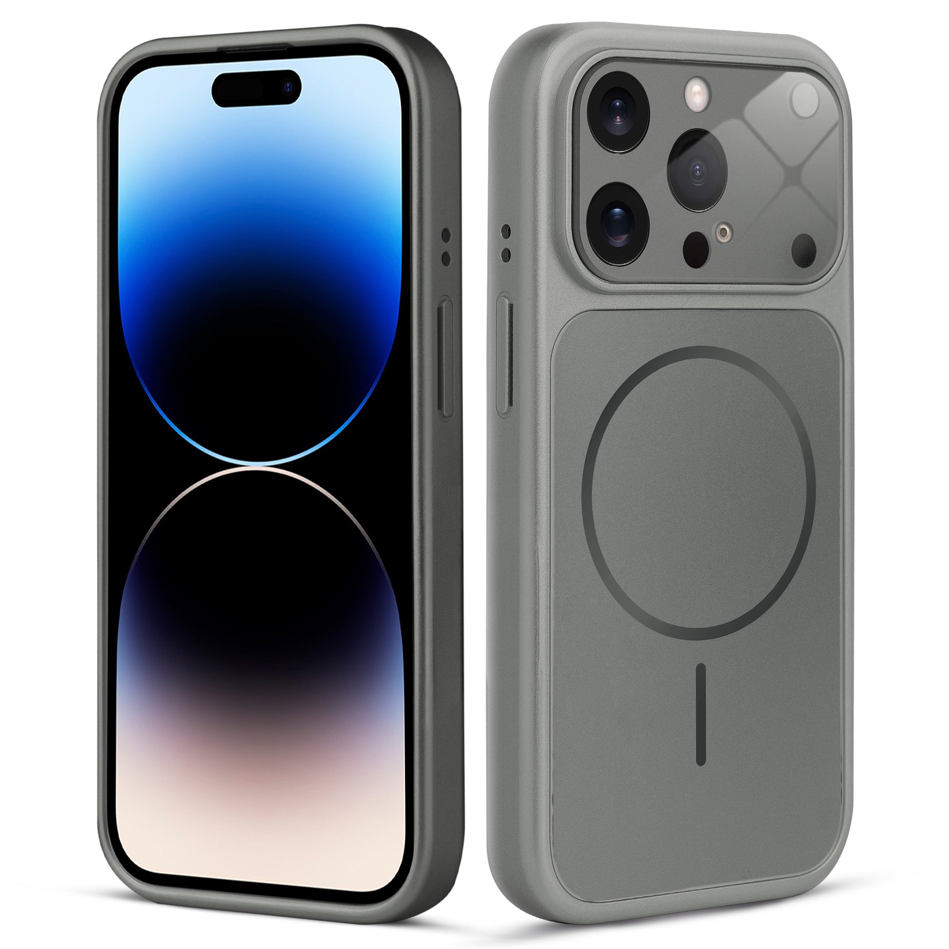 Front and back view of silver grey MagSafe back cover fitted on iPhone 14 Pro Max showing slim profile and precise cutouts.