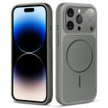 Front and back view of silver grey MagSafe back cover fitted on iPhone 14 Pro showing slim profile and precise cutouts.