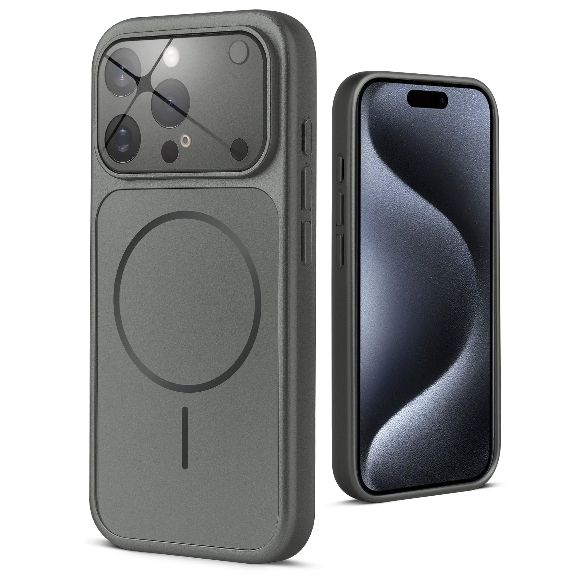 Back view of silver grey MagSafe back cover for iPhone 15 Pro Max highlighting magnetic ring design and camera protection.