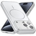 Premium silver converter back cover for iPhone 15 Pro Max showing the back with magnetic ring, full camera protection, and an iPhone 17–style design.