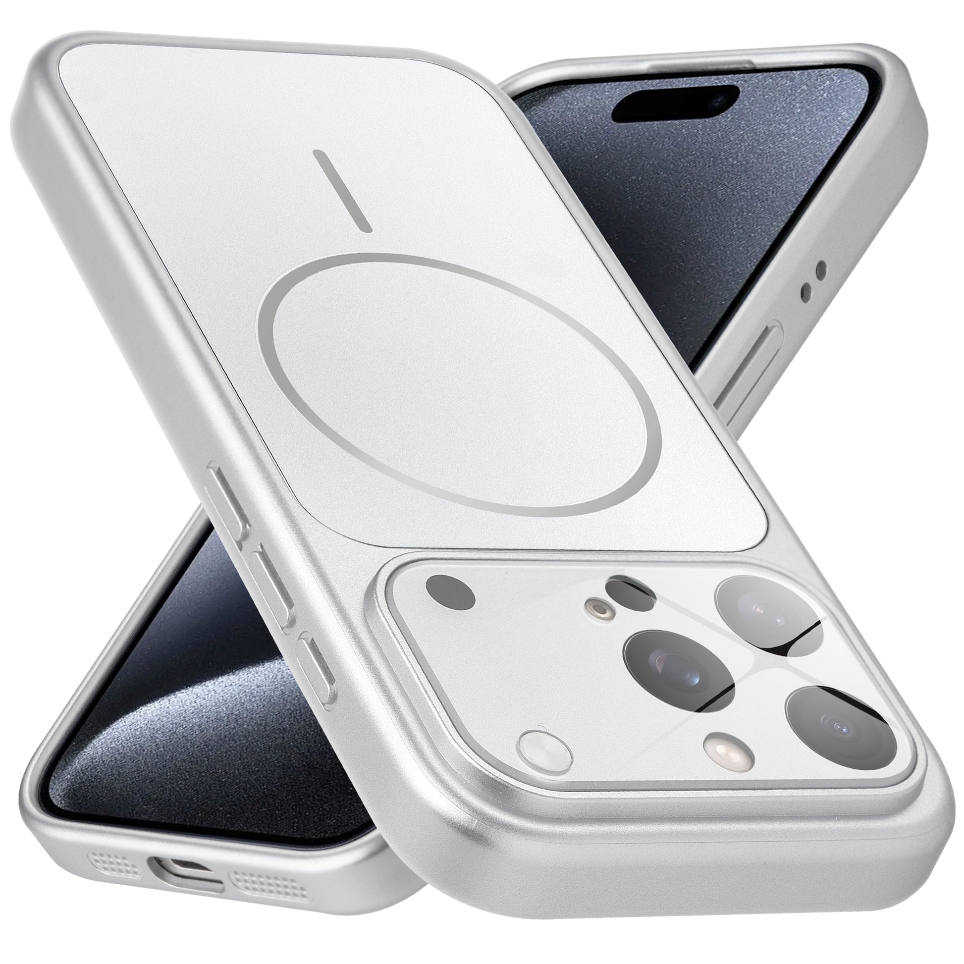 Premium silver converter back cover for iPhone 15 Pro Max showing the back with magnetic ring, full camera protection, and an iPhone 17–style design.