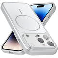 Premium silver converter back cover for iPhone 14 Pro showing the back with magnetic ring, full camera protection, and an iPhone 17–style design.