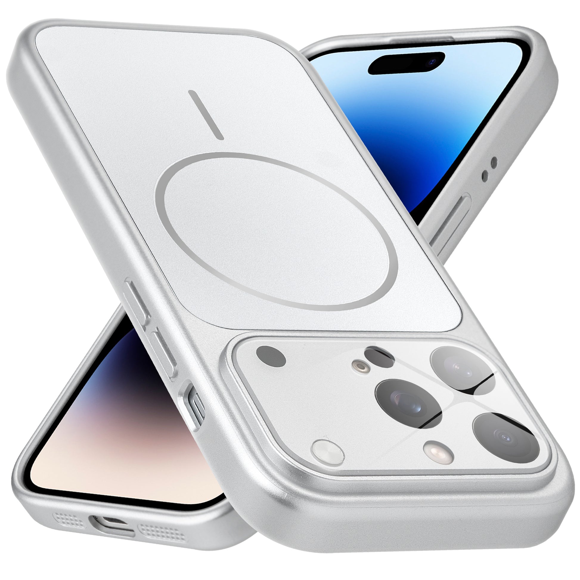 Premium silver converter back cover for iPhone 14 Pro Max showing the back with magnetic ring, full camera protection, and an iPhone 17–style design.