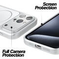 Silver MagSafe back cover for iPhone 15 Pro Max showing raised edges for full camera protection and screen protection.