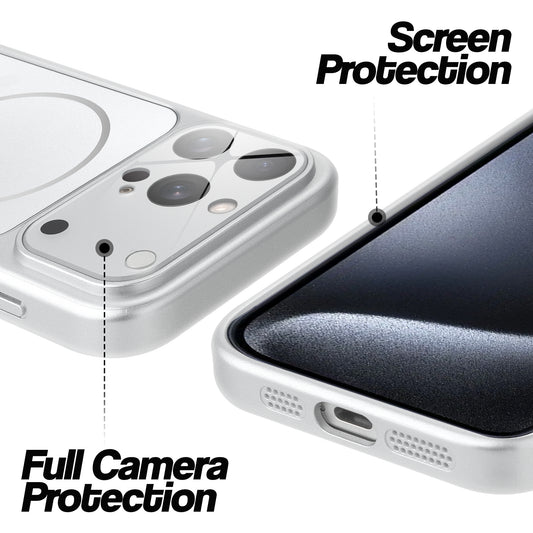 Silver MagSafe back cover for iPhone 15 Pro Max showing raised edges for full camera protection and screen protection.