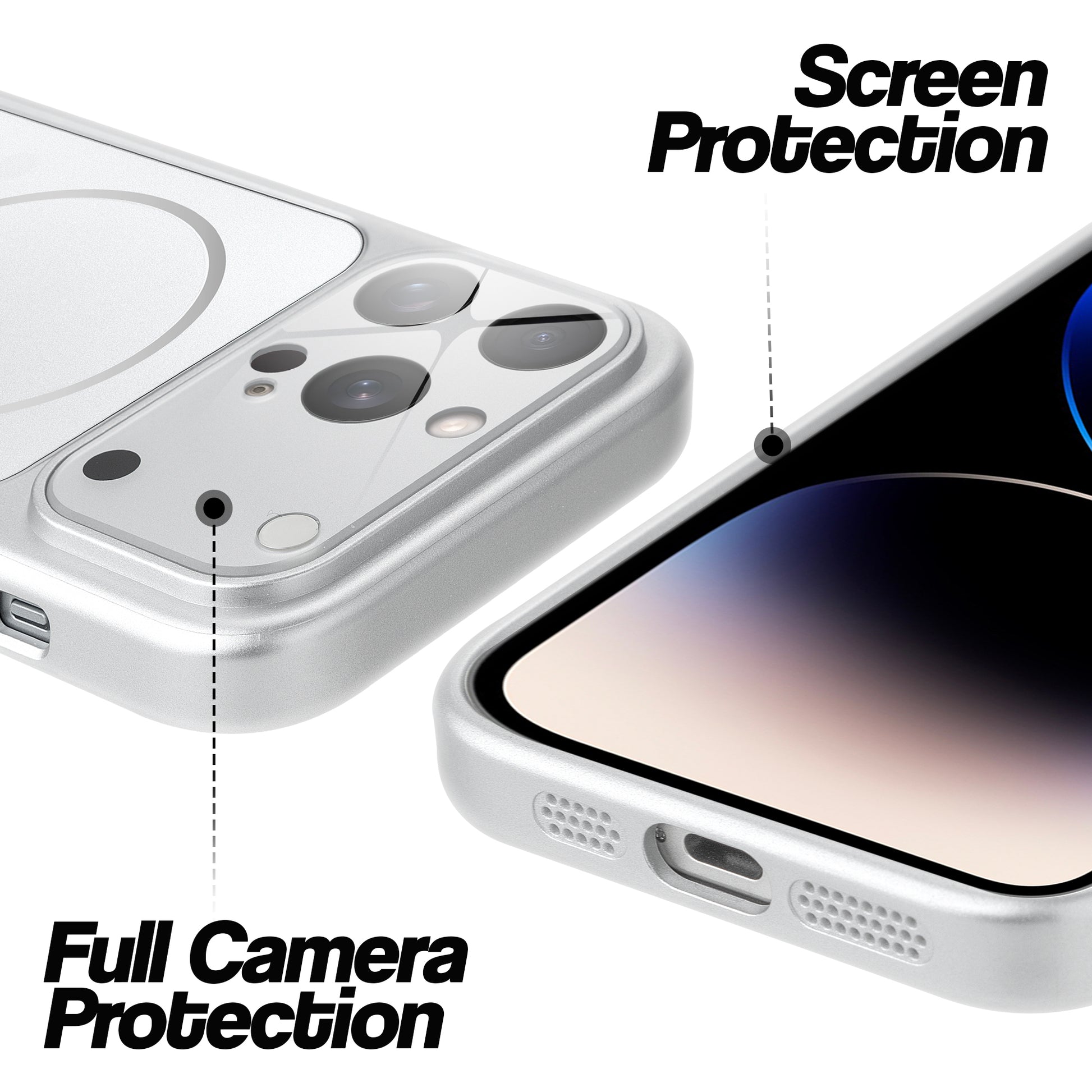 Silver MagSafe back cover for iPhone 14 Pro Max showing raised edges for full camera protection and screen protection.