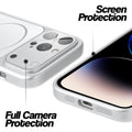 Silver MagSafe back cover for iPhone 14 Pro showing raised edges for full camera protection and screen protection.