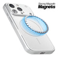 Silver MagSafe compatible back cover for iPhone 14 Pro showing strong magnetic ring for secure MagSafe attachment.