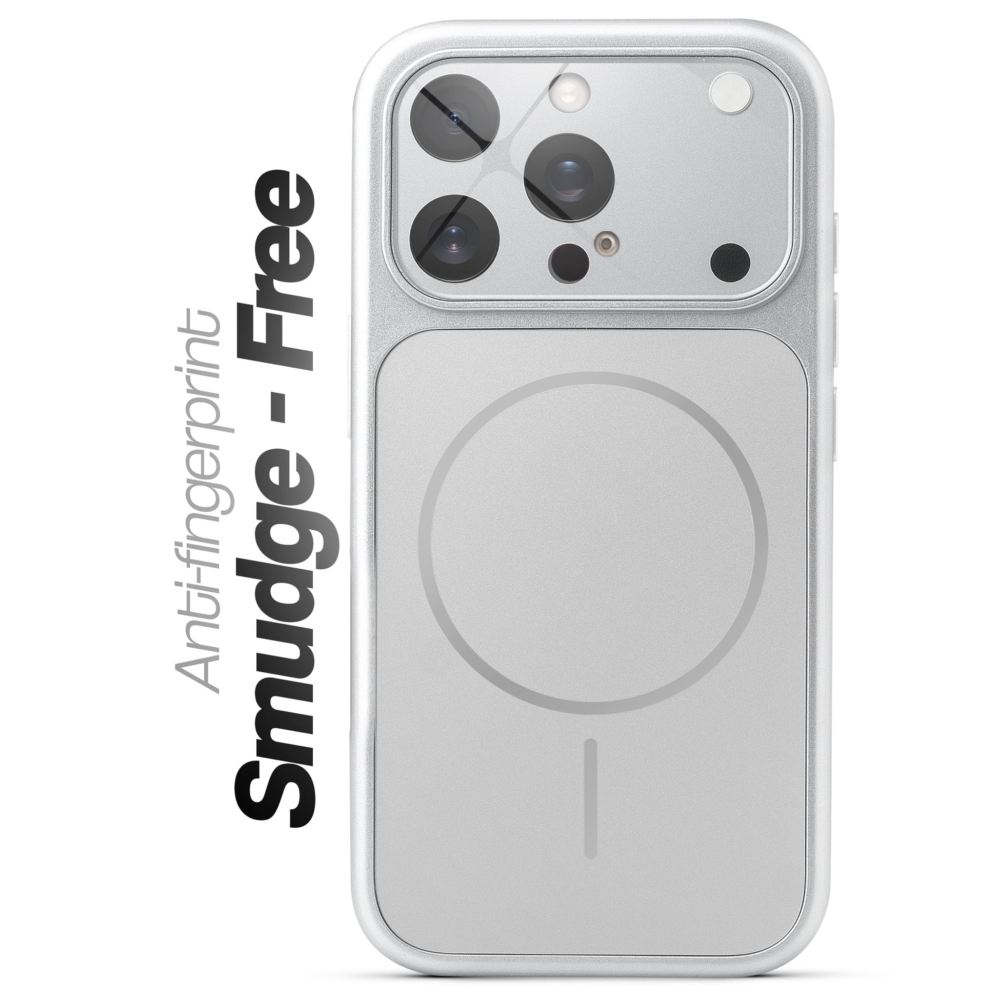 Anti-fingerprint smudge-free silver MagSafe back cover for iPhone 15 Pro Max with matte finish.