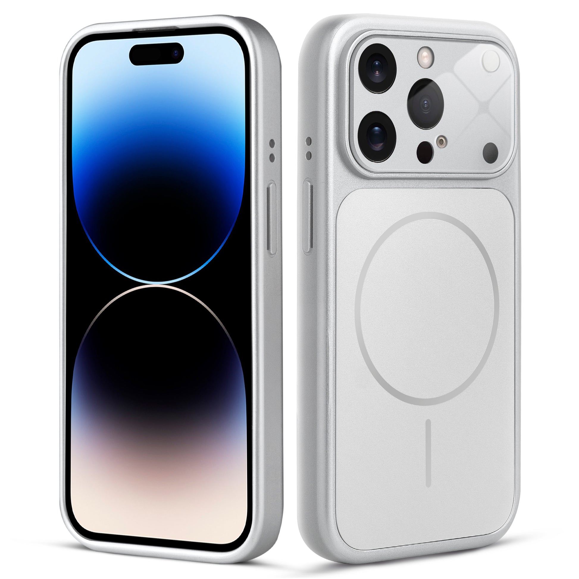Front and back view of silver MagSafe back cover fitted on iPhone 14 Pro Max showing slim profile and precise cutouts.