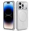 Front and back view of silver MagSafe back cover fitted on iPhone 14 Pro showing slim profile and precise cutouts.