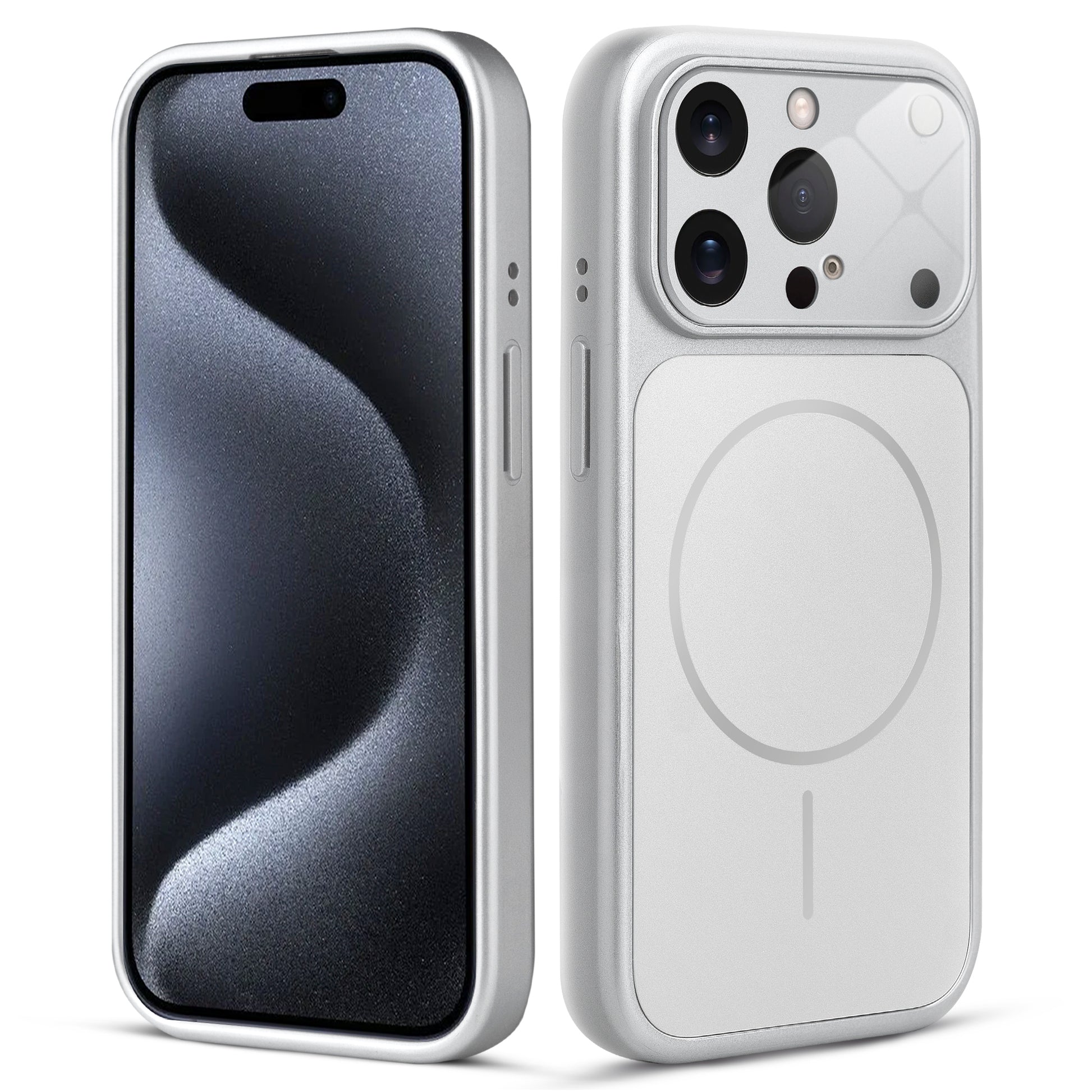 Front and back view of silver MagSafe back cover fitted on iPhone 15 Pro Max showing slim profile and precise cutouts.