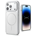 Back view of silver MagSafe back cover for iPhone 14 Pro highlighting magnetic ring design and camera protection.