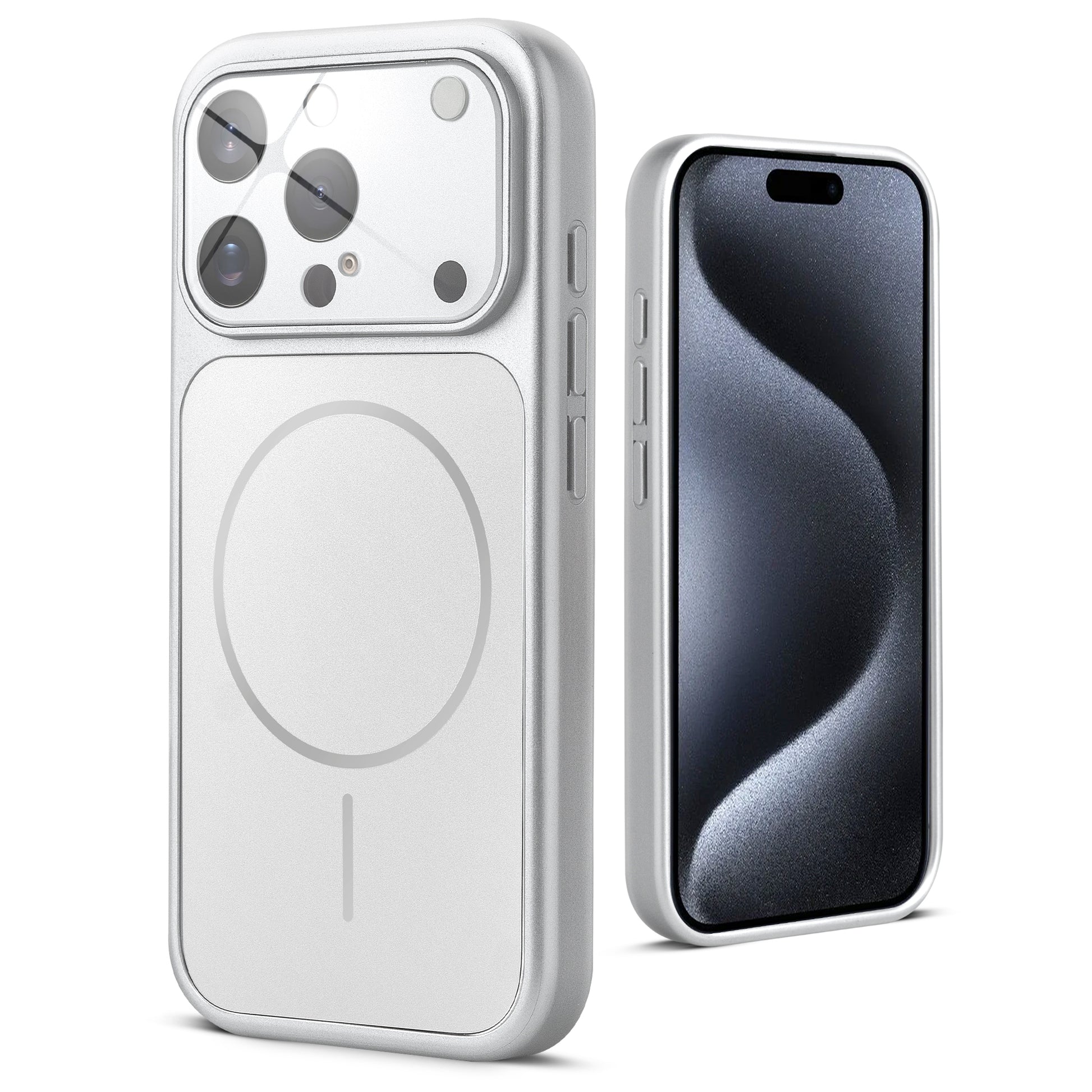 Back view of silver MagSafe back cover for iPhone 15 Pro Max highlighting magnetic ring design and camera protection.