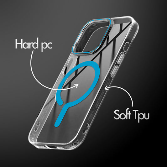 Crystal Clear Magnetic Back Case for Apple iPhone 14 Pro with Air Cushion Bumper & Metal Finish Buttons