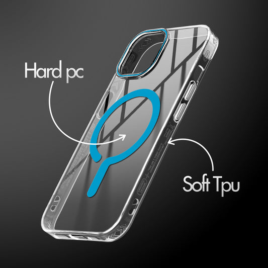 Crystal Clear Magnetic Back Case for Apple iPhone 15 with Air Cushion Bumper & Metal Finish Buttons