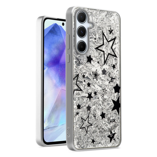 Shiny Foil Design Printed Back Case for Samsung A55 5G With Soft Edges with Glossy Semi-Hard Back