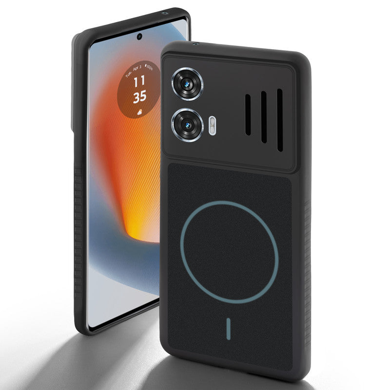 Stone Black back cover for Motorola Moto G85 5G with camera cut protection and ring design on back side.