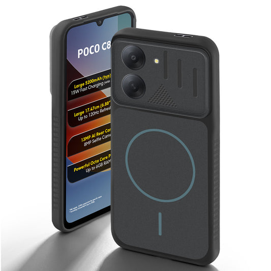 Stone Black back cover for Poco C81x 4G with camera cut protection and ring design on back side.