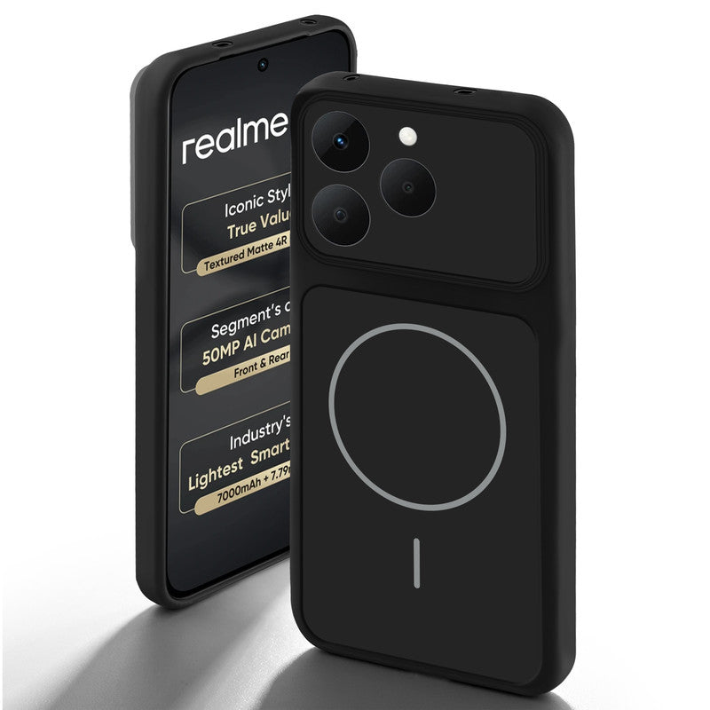 Stone Black - Blue Ring back cover for Realme 15T 5Gwith camera cut protection and ring design on back side.