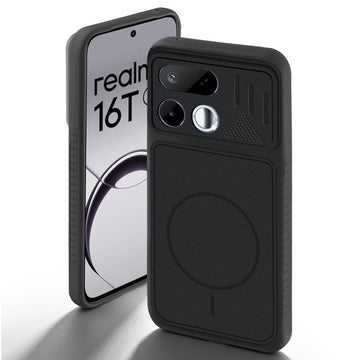 Stone Black back cover for Realme 16T 5G with camera cut protection and ring design on back side.