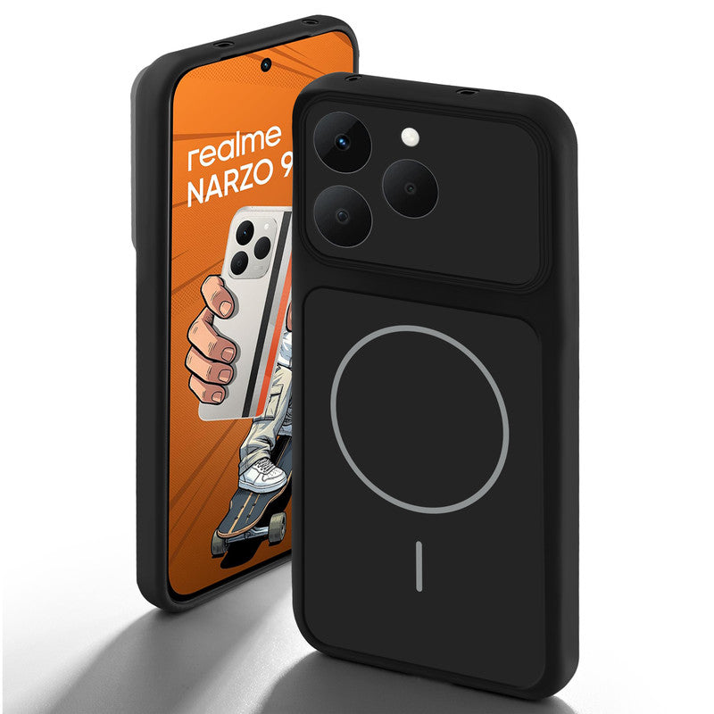 Stone Black - Blue Ring back cover for Realme Narzo 90 5G with camera cut protection and ring design on back side.