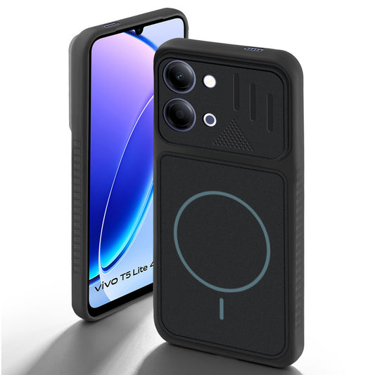 Stone Black back cover for Vivo T5 Lite 5G with camera cut protection and ring design on back side.
