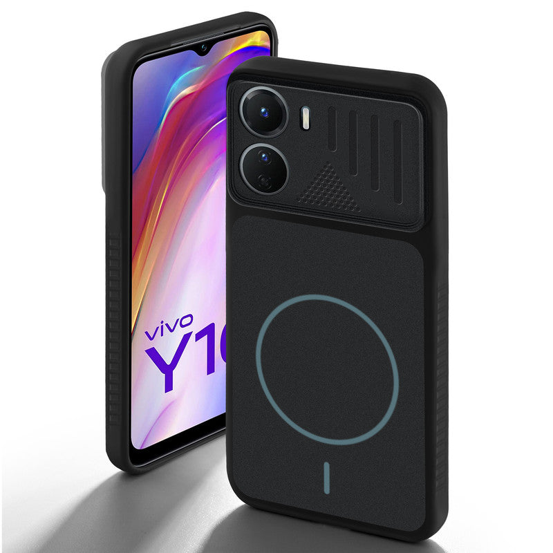 Stone Black - Blue Ring back cover for Vivo Y16 with camera cut protection and ring design on back side.