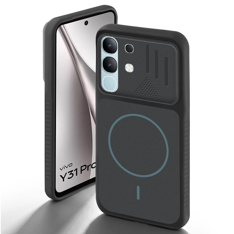 Stone Black back cover for Vivo Y31 5G with camera cut protection and ring design on back side.