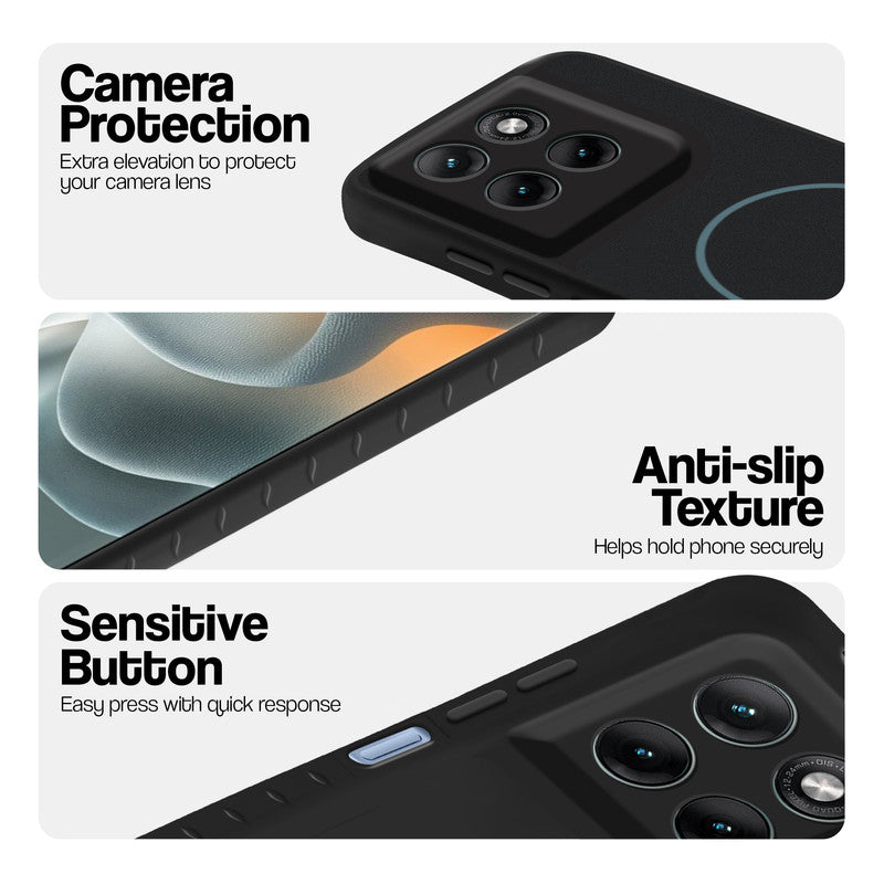 Stone Black phone case for Motorola G37 5G showing camera safety edges, anti slip side grip and easy press button covers.