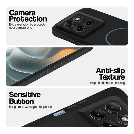 Stone Black phone case for Motorola G37 5G showing camera safety edges, anti slip side grip and easy press button covers.