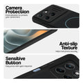 Stone Black phone case for Motorola G37 Power 5G showing camera safety edges, anti slip side grip and easy press button covers.