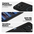 Stone Black phone case for Motorola G77 Power 5G showing camera safety edges, anti slip side grip and easy press button covers.