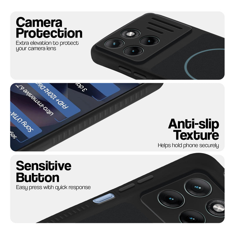 Stone Black phone case for Motorola G77 Power 5G showing camera safety edges, anti slip side grip and easy press button covers.