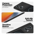 Stone Black phone case for Motorola Moto G85 5G showing camera safety edges, anti slip side grip and easy press button covers.