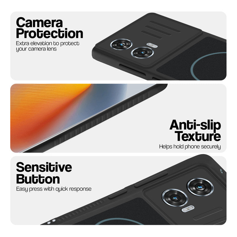 Stone Black phone case for Motorola Moto G85 5G showing camera safety edges, anti slip side grip and easy press button covers.