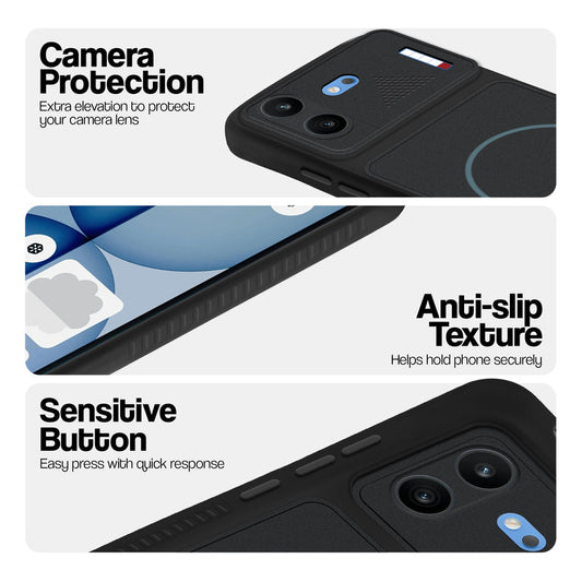 Stone Black phone case for Nothing Phone 4B 5G showing camera safety edges, anti slip side grip and easy press button covers.