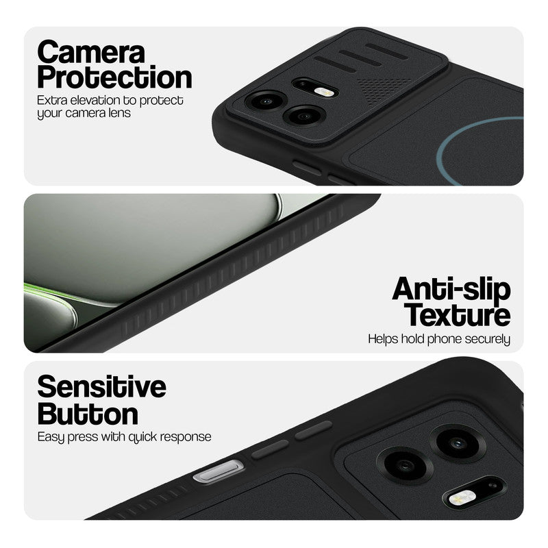 Stone Black phone case for OnePlus N6 5G showing camera safety edges, anti slip side grip and easy press button covers.