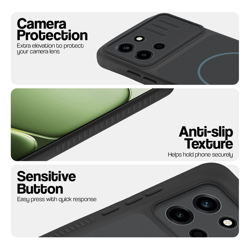 Stone Black phone case for OnePlus Nord 6 5G showing camera safety edges, anti slip side grip and easy press button covers.