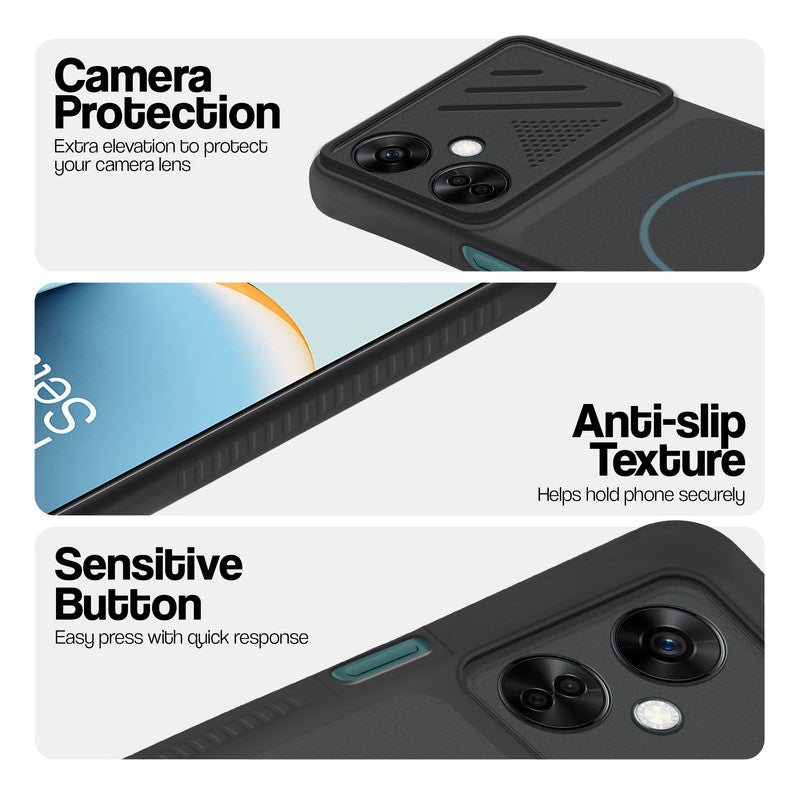 Stone Black phone case for OnePlus Nord CE 3 Lite 5G showing camera safety edges, anti slip side grip and easy press button covers.