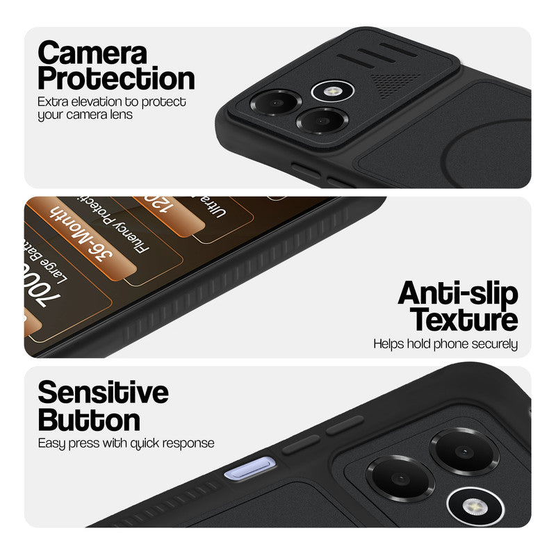 Stone Black phone case for Oppo A6C 4G showing camera safety edges, anti slip side grip and easy press button covers.