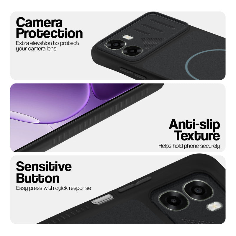 Stone Black - Blue Ring phone case for Oppo A6s 5G showing camera safety edges, anti slip side grip and easy press button covers.