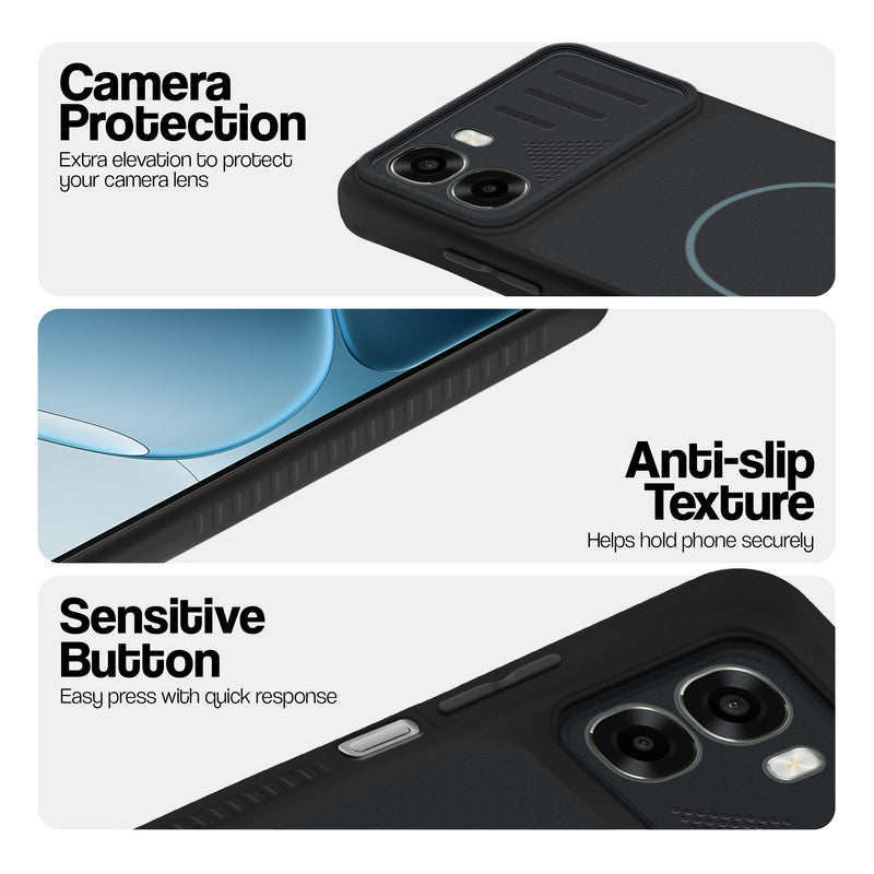 Stone Black - Blue Ring phone case for Oppo A6x 5G showing camera safety edges, anti slip side grip and easy press button covers.