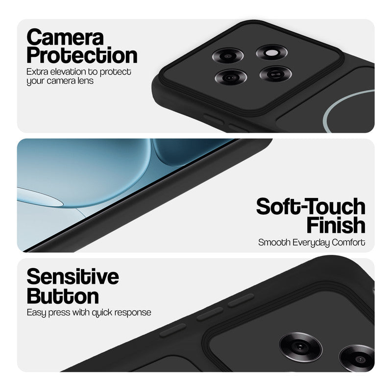 Stone Black phone case for Oppo F31 Pro 5G showing camera safety edges, anti slip side grip and easy press button covers.
