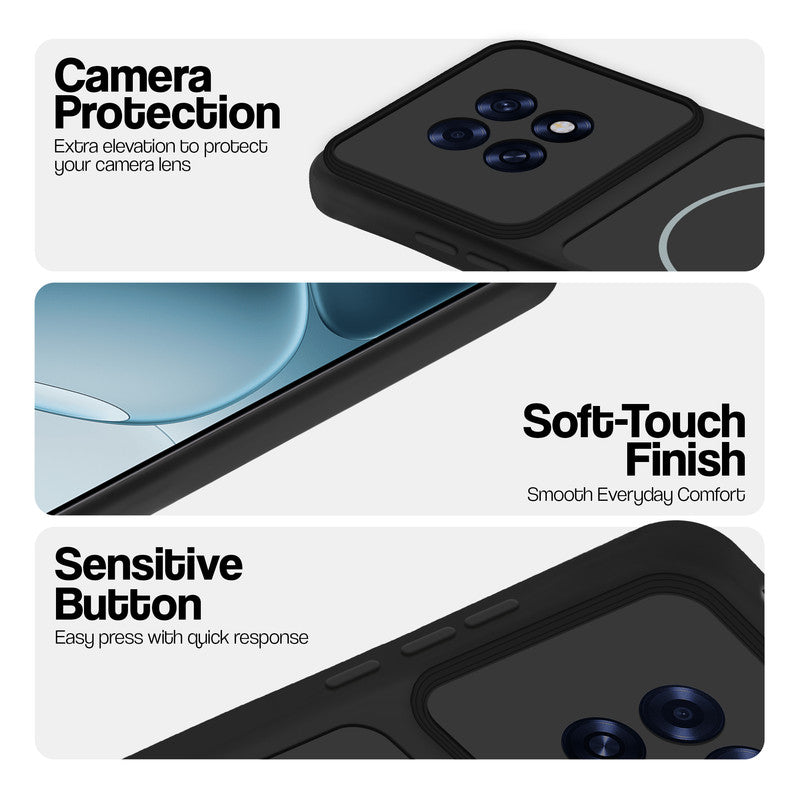 Stone Black phone case for Oppo F31 Pro Plus 5G showing camera safety edges, anti slip side grip and easy press button covers.