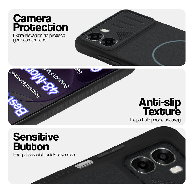 Stone Black - Blue Ring phone case for Oppo K14x 5G showing camera safety edges, anti slip side grip and easy press button covers.