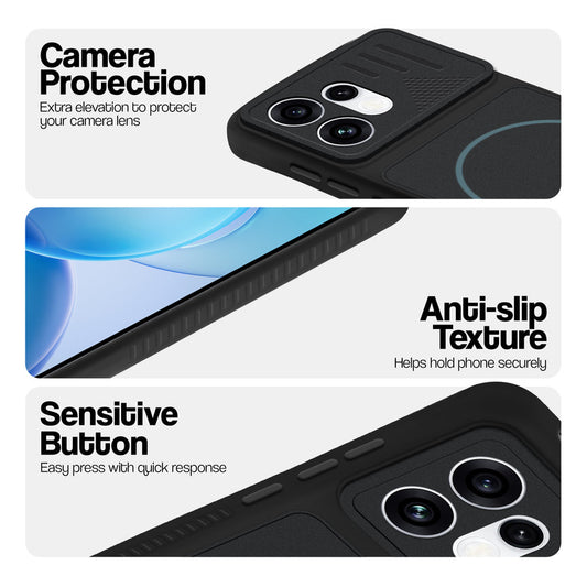 Stone Black phone case for Oppo Reno 16 5G showing camera safety edges, anti slip side grip and easy press button covers.